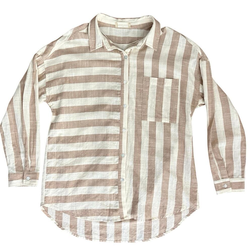 Altar’d State Button Up Shirt Women’s Size S 70% Cotton Tan and White Stripes
